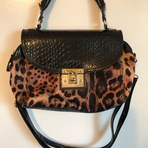 Leopard Print Faux Black Leather Handbag